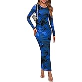 WIHOLL Women's Bodycon Maxi Dress Fall Fashion Long Sleeve Floral Print Tight Fitted Party Club Ruched Dresses