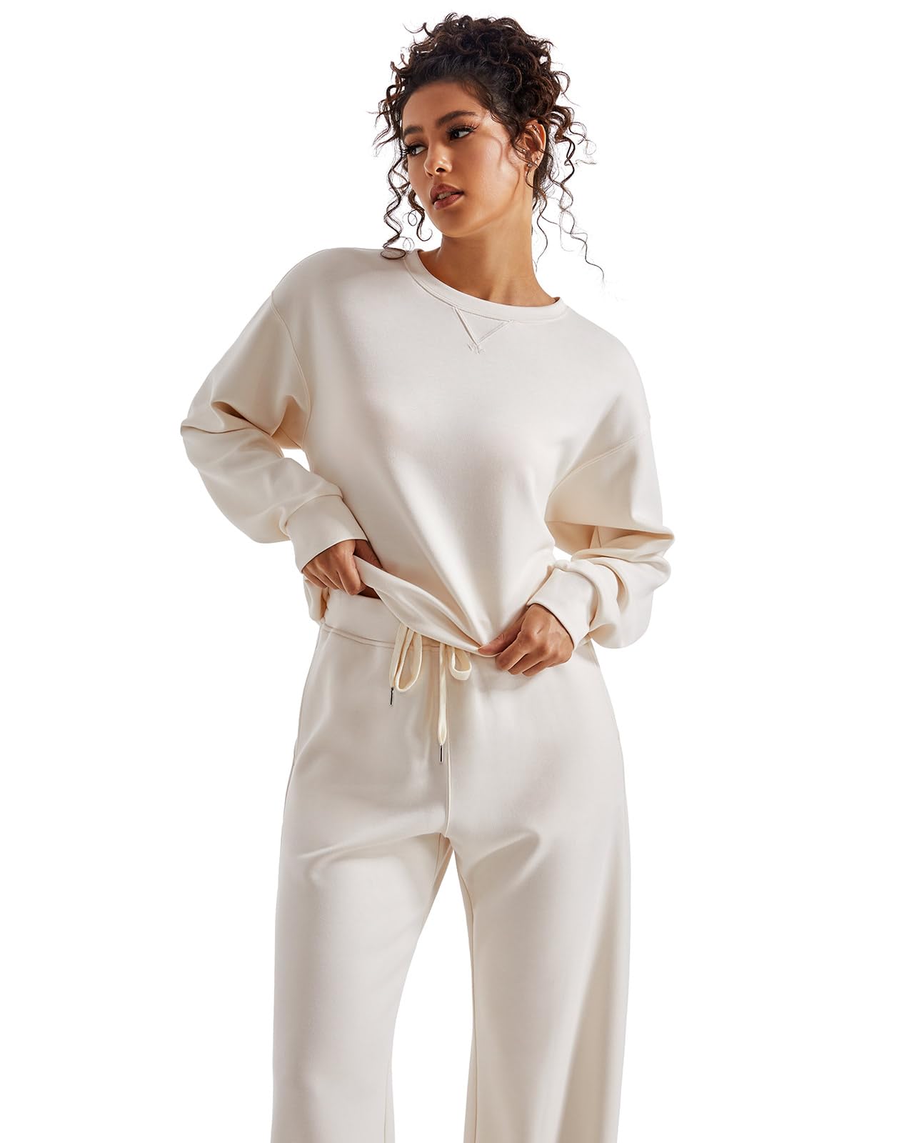 SUUKSESS Women Modal 2 piece outfits Oversized Sweatshirt Fall Lounge Set Wide Leg Pants Matching Sets (Apricot,M) - Image 2