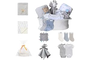 CREVENT Gift Set for Girls Boys -Diaper Caddy Organizer Basket with 2 Blankets, 1 Taggie, 1 Lovey, 3 Socks，2 Baby Bodysuits，1