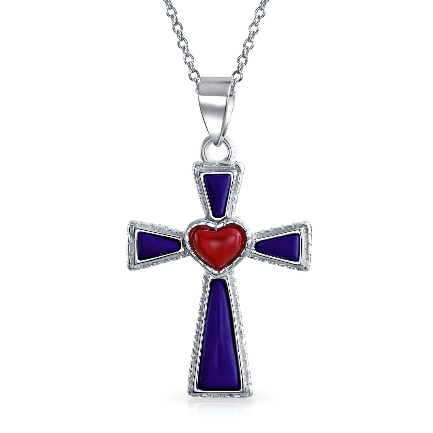 Bling Jewelry South Western Style Gemstone Created Blue Lapis Lazuli Red Heart Cross Pendant Religious .925 Sterling Silver Necklace For Women Teen