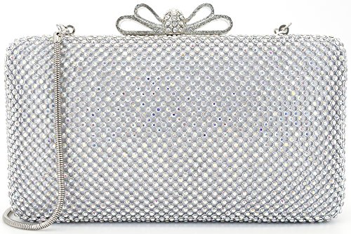 Dexmay Bling Rhinestone Crystal Clutch Purse Bow Clasp Women Evening Bag for Bridesmaid Wedding Party AB silver