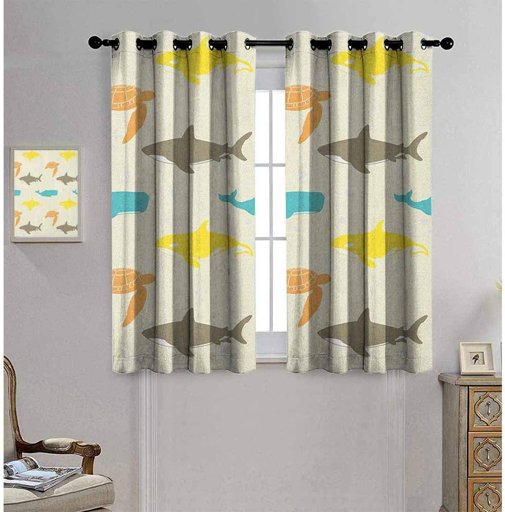 Sea Animals Decor Curtains by Pattern with Whale Shark and Turtle Aquarium Doodle Style Marine Life 63"x 45" Ivory Taupe Peach