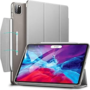 ESR Yippee Trifold Smart Case for iPad Pro 12.9 2020/2018, Lightweight Stand Case with Clasp, Auto Sleep/Wake [Supports Pencil 2 Wireless Charging], Hard Back Cover for iPad Pro 12.9 Silver Gray