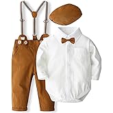 SALNIER Baby Boy Dress Suit Clothes Sets Infant Tuxedo Gentleman Suits Outfits Bowtie Shirt Suspenders Pants Beret Hat