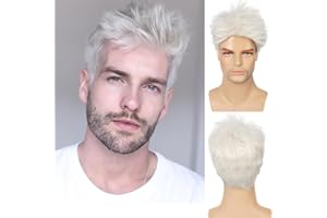 Baruisi Mens Wig Cream White Short Layered Cosplay Hair Wig Synthetic Full Wigs with Wig Cap