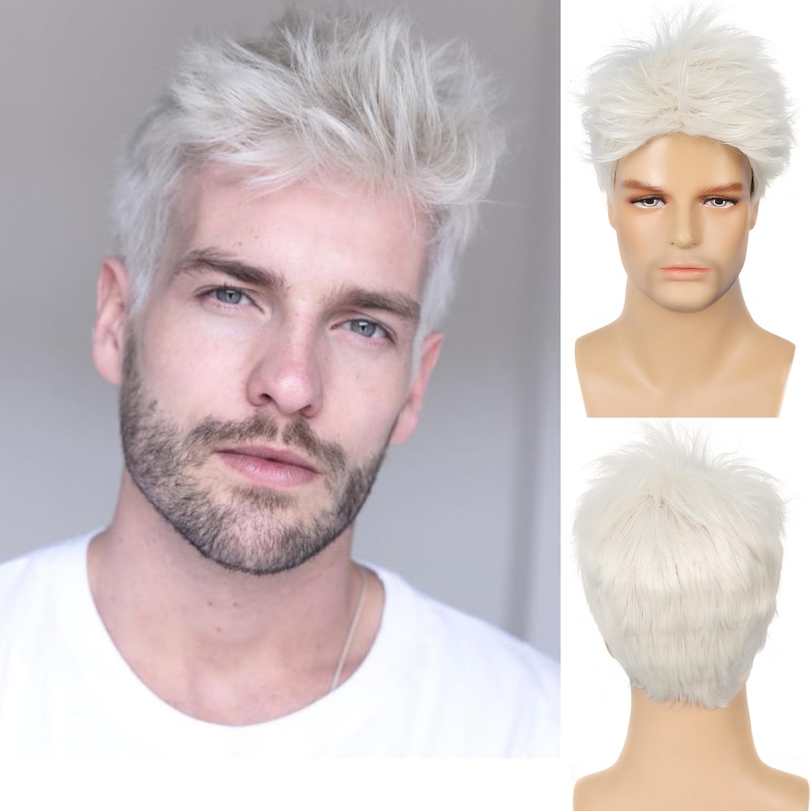 Baruisi Mens Wig Cream White Short Layered Cosplay Hair Wig Synthetic Full Wigs with Wig Cap