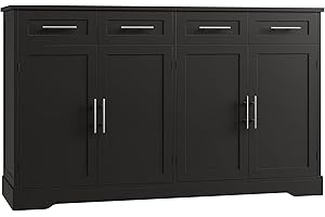 HOSTACK 60" Large Buffet Sideboard with Storage, 36" Tall Kitchen Buffet Storage Cabinet with 4 Drawer, Modern Coffee Bar Cabinet with Silver Handle, Long Sideboard Buffet Table for Kitchen, Black