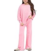 Haloumoning Girls 2 Piece Outfits Kids Long Sleeve Crewneck Sweater Drawstring Wide Leg Long Pants Sweatsuits Sets 5-14T