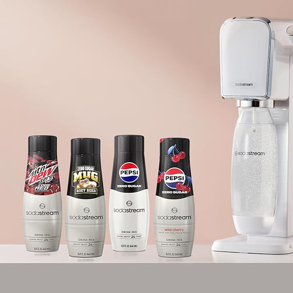 SODASTREAM PEPSI WILD CHERRY, MTN DEW CODE RED, PEPSI & MUG ROOT VARIETY PACK, ZERO SUGAR, 440ML PACK OF 4