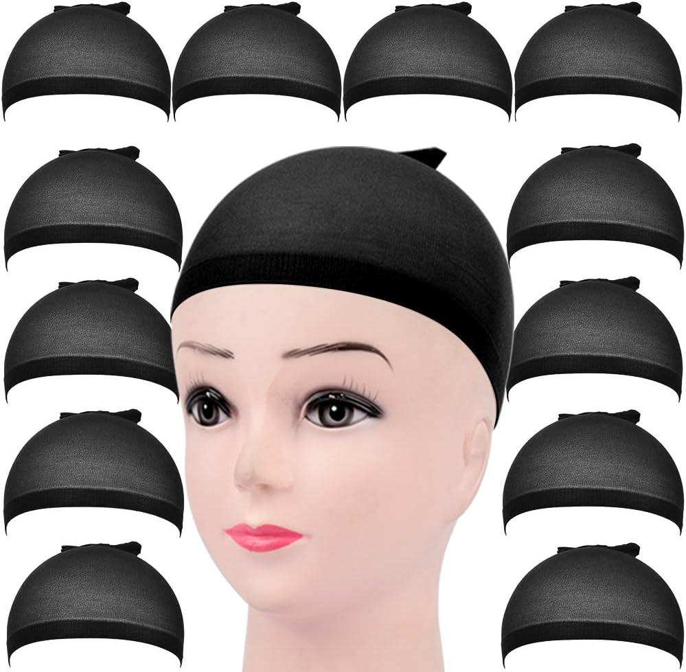 FANDAMEI 12Pcs Black Nylon Wig Caps Elastic Stocking Wigs Cap for