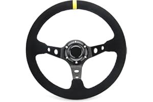 Spaorcco Yellow Stripe Racing Steering Wheel Suede Leather 12.5”320mm Aluminum Spokes Drifting Deep Dish Sports Steering Wheel with Horn Button
