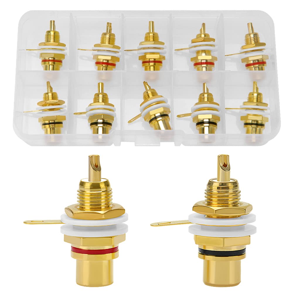 KUOQIY 10 PCS RCA Terminal Gold Plated Copper, RCA Panel Mount Female Jack Socket Audio Connector (5 Black + 5 Red) — image 1