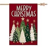 CROWNED BEAUTY Merry Christmas Trees House Flag 28x40 Inch Double Sided for Outside Large Burlap Red Holiday Yard Decoration CF1625-40