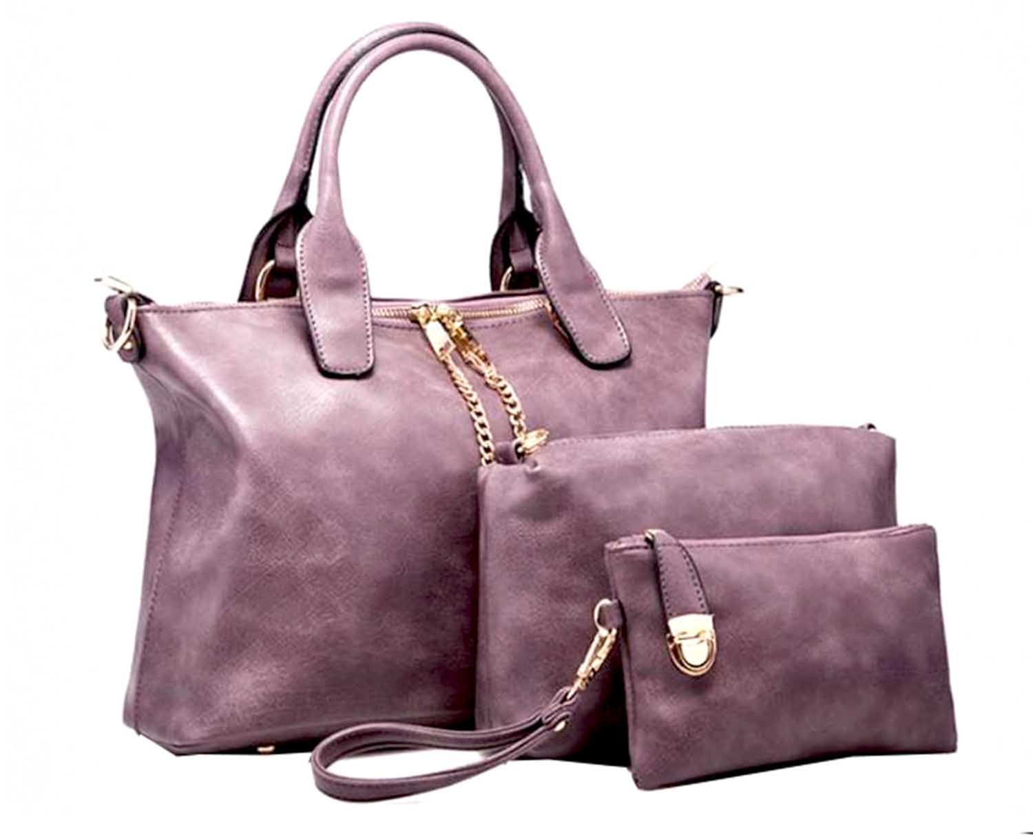 di grazia women's 3 in 1 combo of handbag satchel, sling bag & wrist pouch(purple-leather-3in1-handbag,purple)