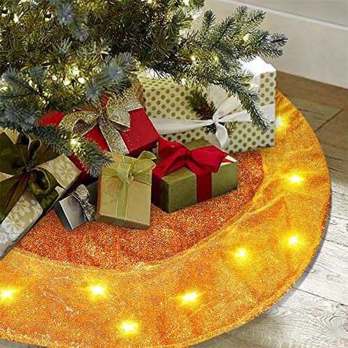 Gold Tree Skirt 40 inch Christmas Tree Skirt with LED Lights Xmas Tree Mat for Christmas