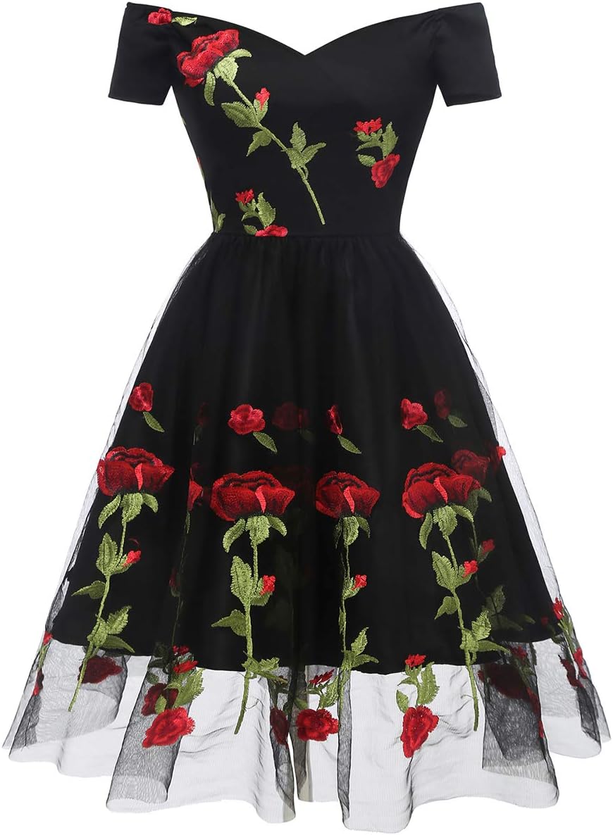 IWEMEKWomen Vintage Off Shoulder Rose Embroidered Floral Evening Dress V Neck Short 3/4 Sleeves Wedding Cocktail A Line Midi Gown