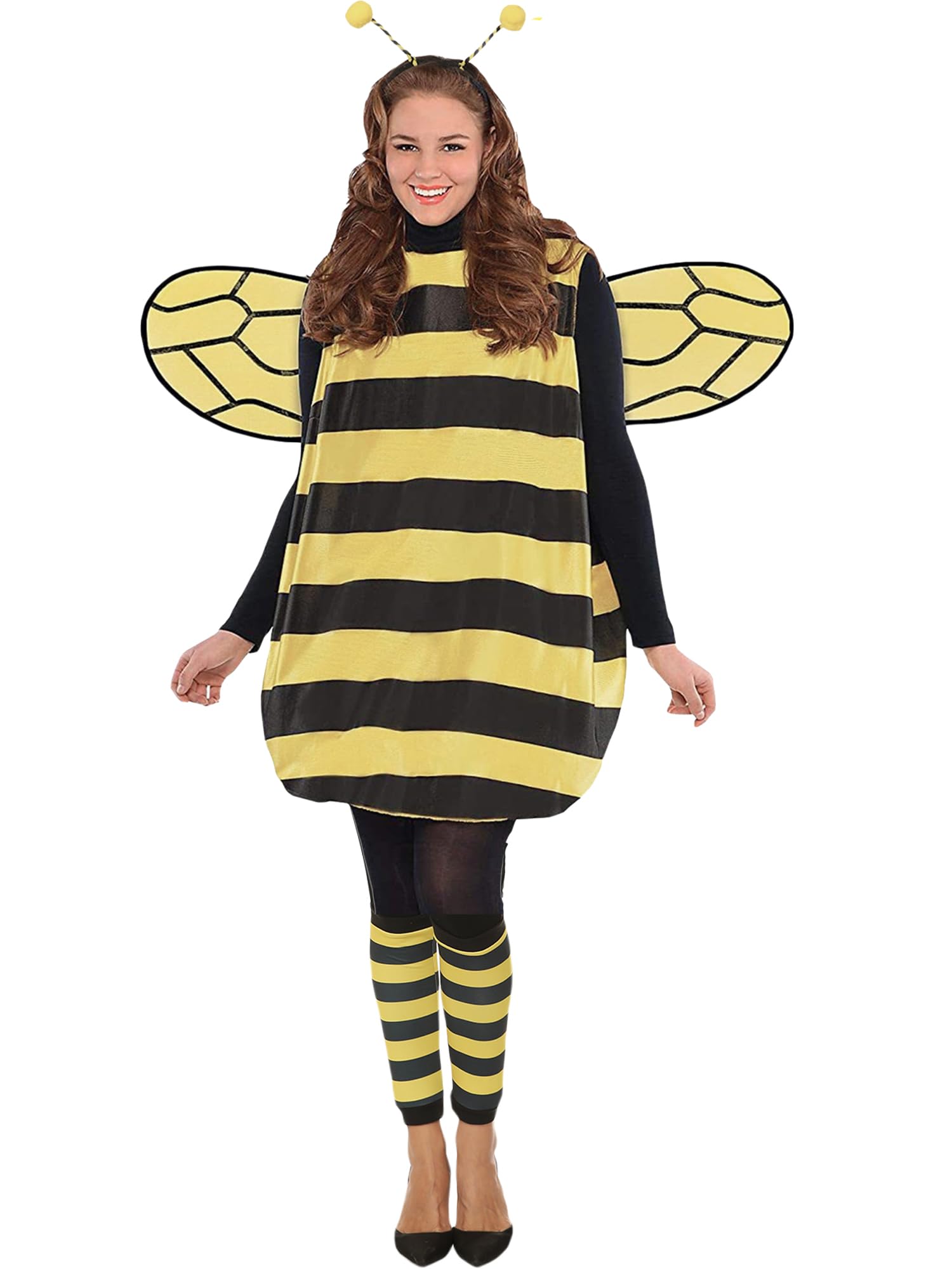 LSFYSZD Bee Costume Set for Adult Women's Halloween Party Cosplay Clothes Fancy Dress Bodycon Hooded Zipper Dress with Wings (Standard, S, Tunic+Headband+Wings+Leg Sleeve)