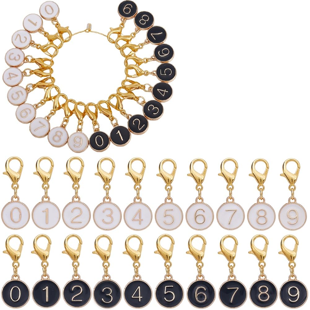 SUNNYCLUE 20PCS 10 STYLES Enamel Number Stitch Markers Lobster Clasp Charms Alloy Alphabet 0~9 Crochet Knit Locking Removable Clip On Charms Bulk for Crocheting Knitting jewellery Making Supplies
