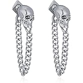 JDONL Gothic Skull Chain Stud Earrings for Women Men Vintage Ghost Skull Skeleton Tassel Drop Dangle Earrings Statement Jewelry