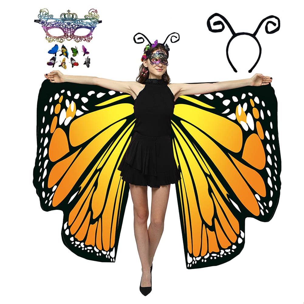 HAPNBCELE Womens Double-Sided Butterfly Wings Costume, Butterfly Cape with Lace Mask Headband Fairy Party Halloween Christmas (Saffron Yellow, 165 x 135cm)
