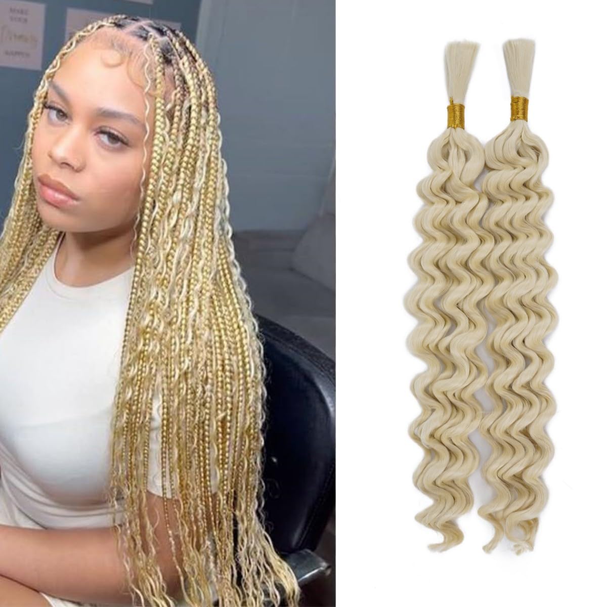 2 Packs Deep Wave Braiding hair extension bulk Fiber Hair Extensions, (613#, 20inch)