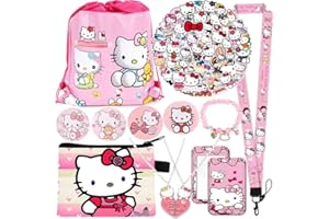 EMISOO Kawaii Hello Pink Kitty Merchandise Stuff Gift Set for Girls, Cute Kitty Cat Accessories Drawstring Bag,Purse, Keychain Lanyard,Badge Card Holder,Button Pins, Friend Necklace,Bracelet,Stickers