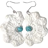 Handmade Modern Crochet Earrings – Lightweight White Flower Design with Turquoise Beads – Hypoallergenic Nickel-Free Hooks – Unique Gift for Women, Modern-Inspired Accessories for Casual & Formal Wear