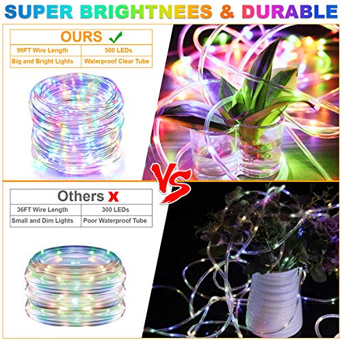 99Ft LED Rope Lights Outdoor, 500 LEDs Fairy String Lights Plug in 8 Modes, Dimmable, Super Durable, Waterproof String Lights Outdoor Indoor for Patio Wedding Christmas, 2 Remote Control (Multicolor)