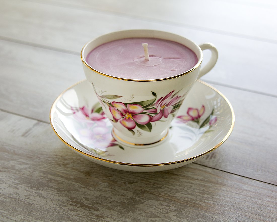 Teacup Candle Vintage Hamilton China Cup with Pink Floral