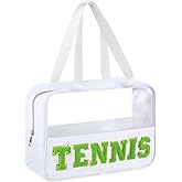 Sadnyy Tennis Gifts Cosmetic Makeup Bag with Chenille Letter Patch Clear Pouch PVC Waterproof Organizer Purse, Portable Tote Toiletry Storage Bag, Tennis Accessories for Sport Coach Women
