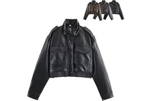 Women’s Cropped Faux Leather Jacket Vintage Stand Collar Long Sleeve Zip-Up Fashion Casual Motorcycle Bomber Coat