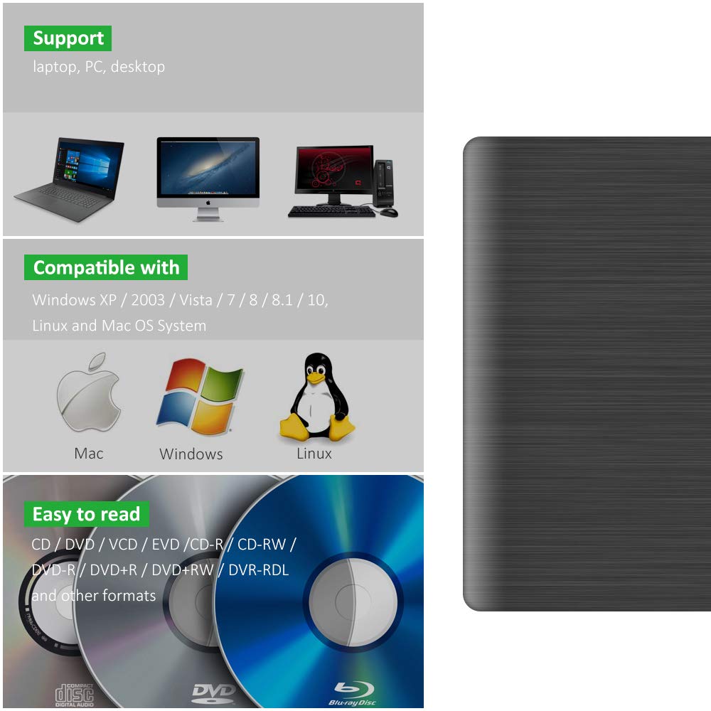 Sonkir USB 3.0 External DVD CD Drive & CD DVD +/-RW Writer/Rewriter/Player High Speed Data Transfer for Laptop Mac Windows XP/Vista/7/8/10 Mac OS