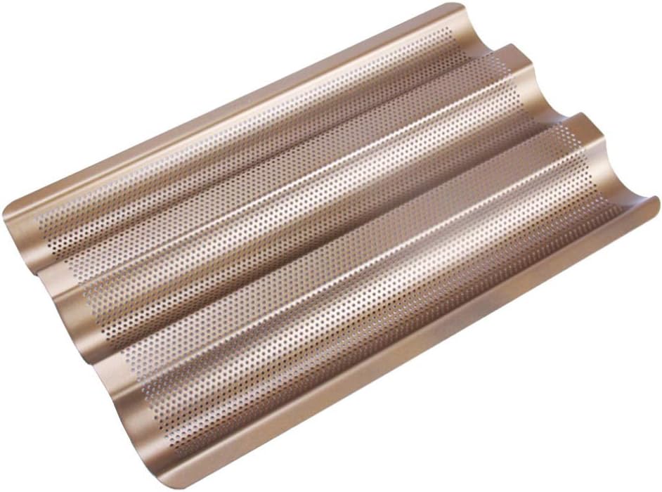 DOITOOL 1PCS French Bread Baking Pan Nonstick Perforated Baguette Pan for Baking Bread,3 Wave Loaf Loaves Loaf Bake Mold Toast Cooking Bakers Molding (Golden,26.8 x 24.1 x 2.6 cm)