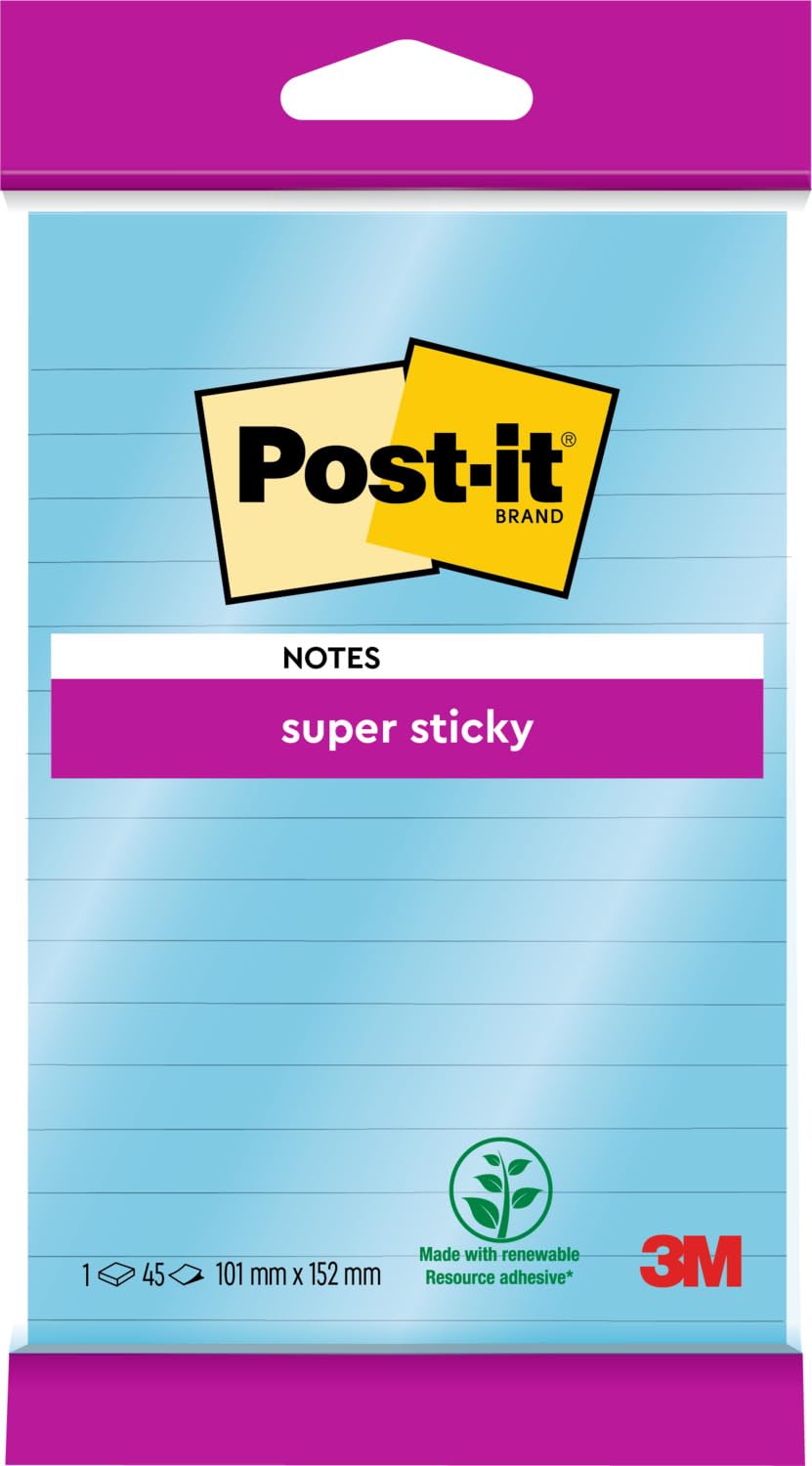 Post-it Super Sticky Large Notes, Lined, 45 Sheets, 1 Pad, 102 mm x 152 mm - Holds Strong to Many Surfaces - Blue - for Walls, Monitors and Fridge, Recycable
