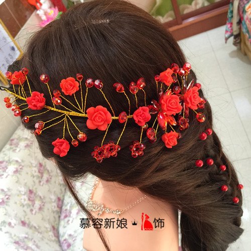 Murong bridal headdress head flower hair accessories elegant Aggreko red beaded flowers wedding dress with jewelry
