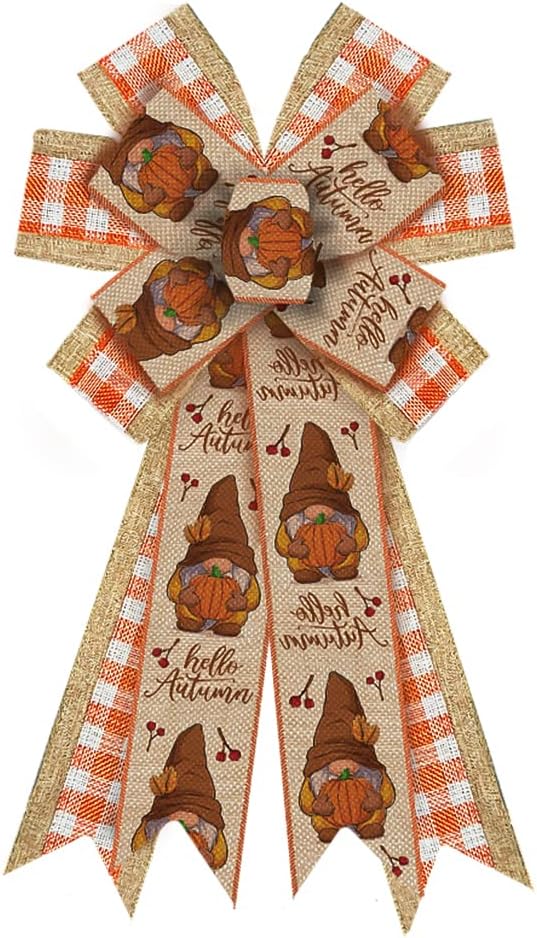 Bows & Ribbons - Large Fall Bow for Wreath, Burlap Orange White Buffalo Plaid Wreath Bow for Autumn Décor Gnome Autumn Bow for Front Door Indoor Outdoor Wall Tree Topper Decoration Supplies Thanksgiving Ornament
