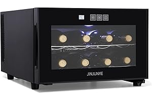 JINJUNYE Wine Cooler Refrigerator, 8 Bottle Wine Fridge Small, Countertop Wine Cooler with Digital Temperature Control, Mini Freestanding Wine Cellars Glass Door, High-End Gift