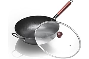 WANGYUANJI Flat-Bottom Iron Wok 13.4" with Lid, Coating-Free Chinese Stir-Fry Pan, Wooden Handle, Works with Induction/Gas/El