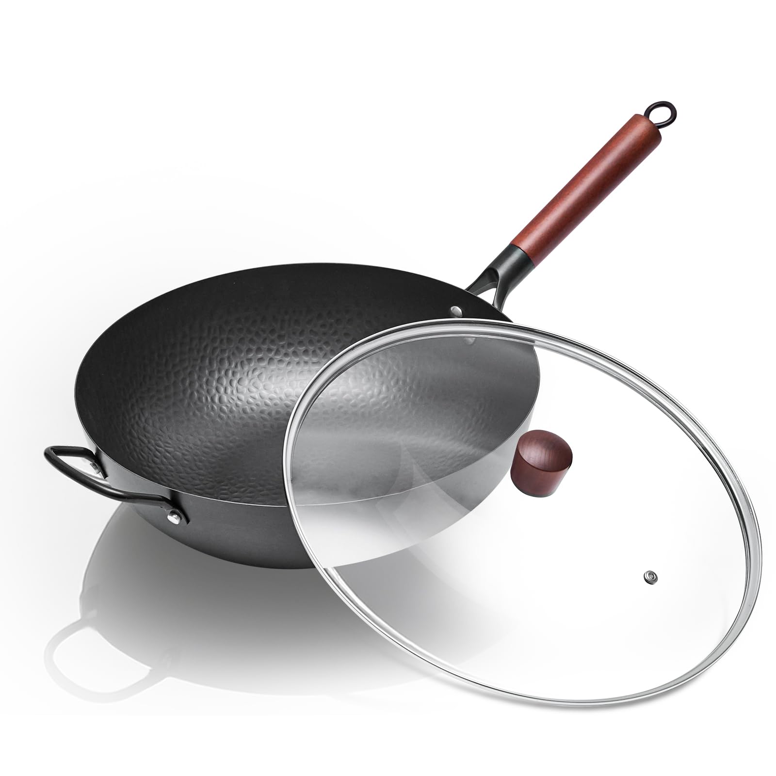 Photo 1 of ***USED*** Wrought Iron Flat Bottom Wok with Glass Lid – Detachable Wooden Handle, Non-Coated Naturally Nonstick Frying Pan for Gas, Electric & Induction Stoves (Black Wok with Helper Handle, 13.4 inch)