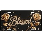 UEQIKI Gold Rose Blessed Front License Plate for Women Car Vanity Plates Decorative Aluminum Metal Cute Novelty License Plate Cover for Men 6x12 Inch (4 Holes)
