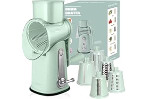 SORT SAVVY Rotary Cheese Grater - Best Cheese Grater with Handle, Non-Slip Suction Base, Round Mandoline Drum Slicer, Food Shredder, Cheese Shredder, with 5 Interchangeable Blades - Cooking Gadgets. (Green)