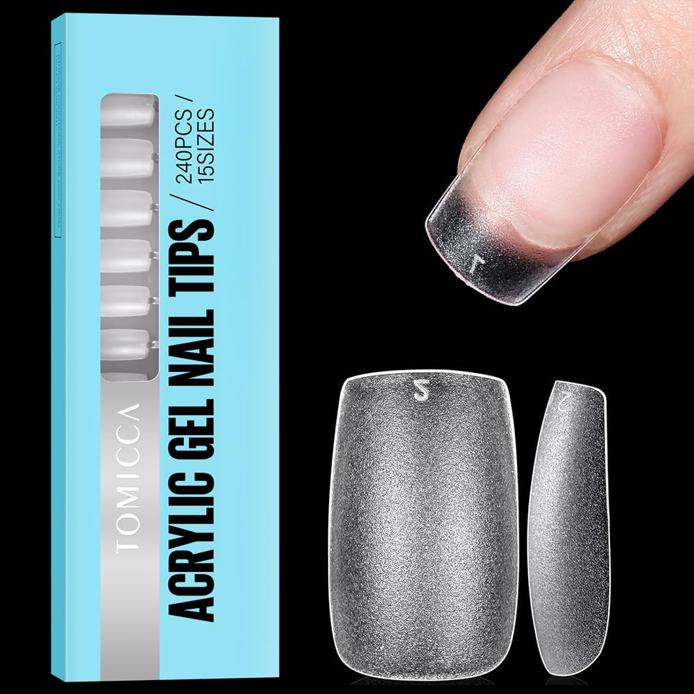 TOMICCA Short Square Nail Tips, Clear Nail Tips Natural False Nails Square French Acrylic Nails Artificial Nails Tips for Girls Women, (240 Pcs,15 Sizes)