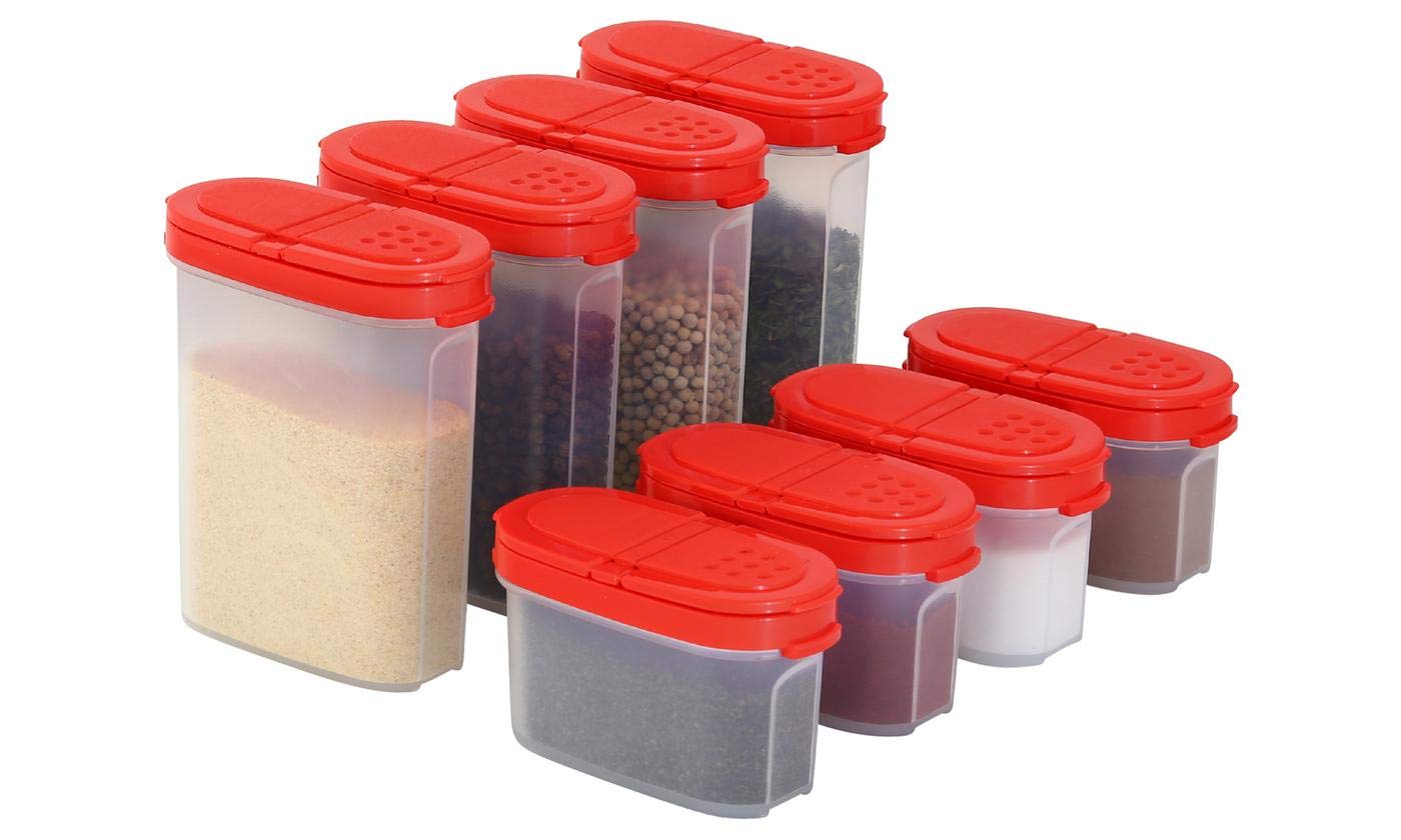 Plastic Spice Containers – Spice Jar Set 8 Pack, 4 Mini, 4 Large – Spice Jars to Store Spices, Herbs, Marinade, Sugar, Salt, Pepper – Refillable Airtight Small Spice Jars with 2 Way Lids