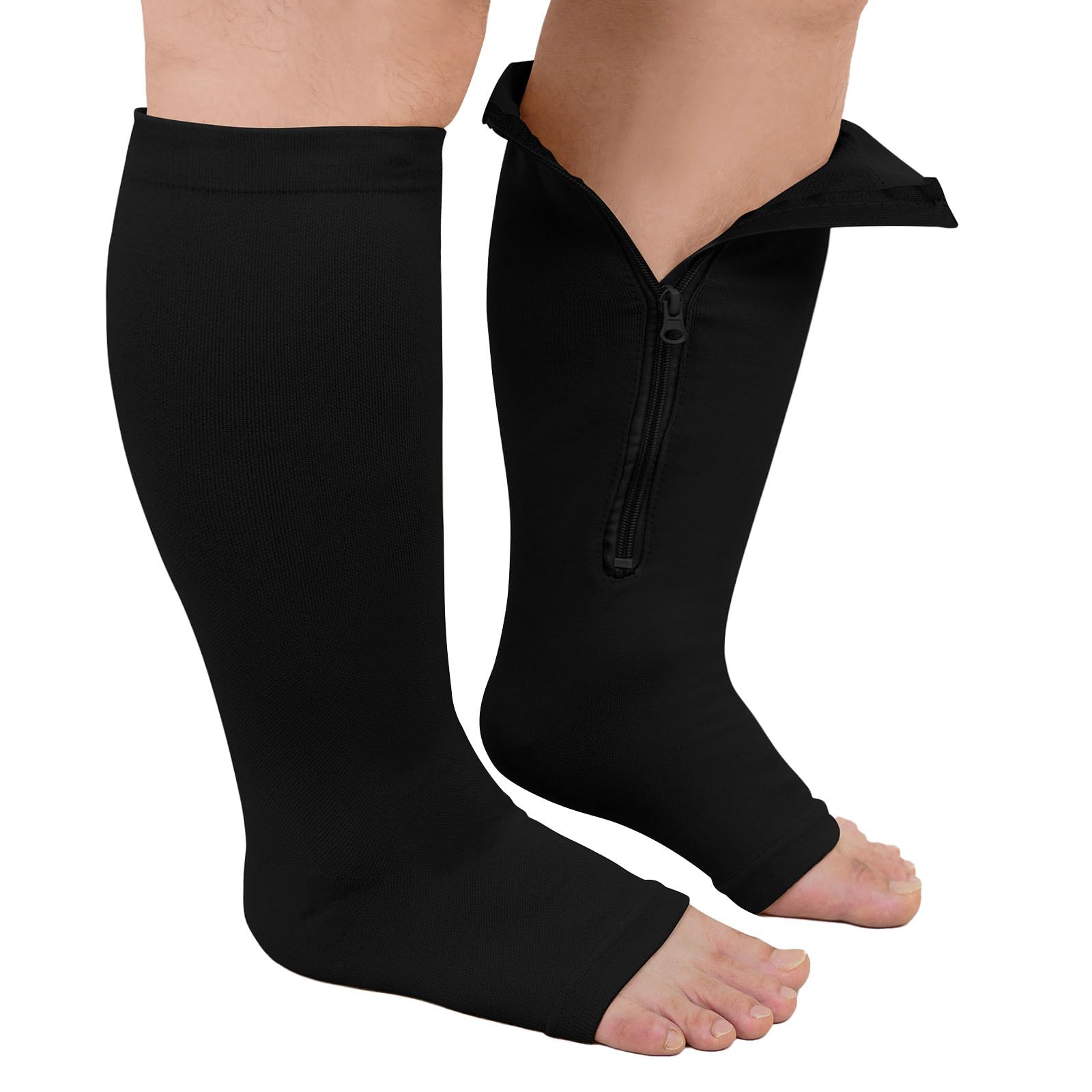 ZFSOCK Plus Size Compression Socks: Wide Calf Graduated Pressure Support Stockings Men Women Open Toe Toeless Zipper Extra Large Flight Socks for Swollen Legs Travel 1 Pair Black 4XL