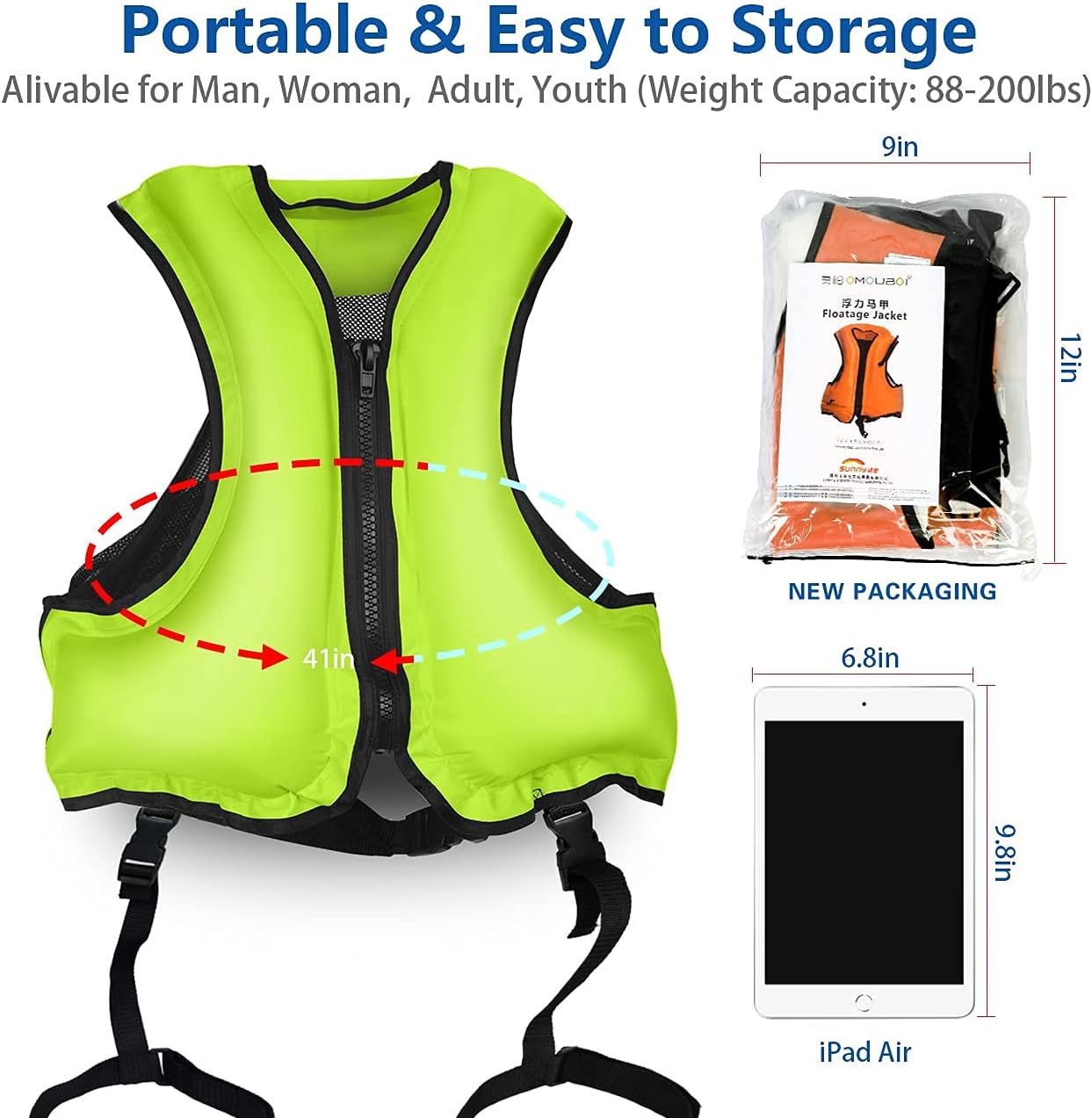 PQPB Inflatable Snorkel Vest for Adult Upgraded Air Valve Buoyancy Aid Swim Jackets with Leg Straps Green: Sports & Outdoors