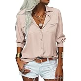 Veatzaer Womens Solid Lapel Long Sleeves Button Down Shirt Top Casual Basic Office Blouse