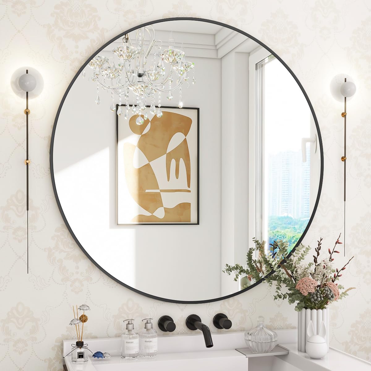 Photo 1 of BEAUTYPEAK 30 Inch Round Mirror, Black Metal Frame Circle Mirror, Wall Mirror for Entryway, Bathroom, Vanity, Living Room, Black Circle Mirror