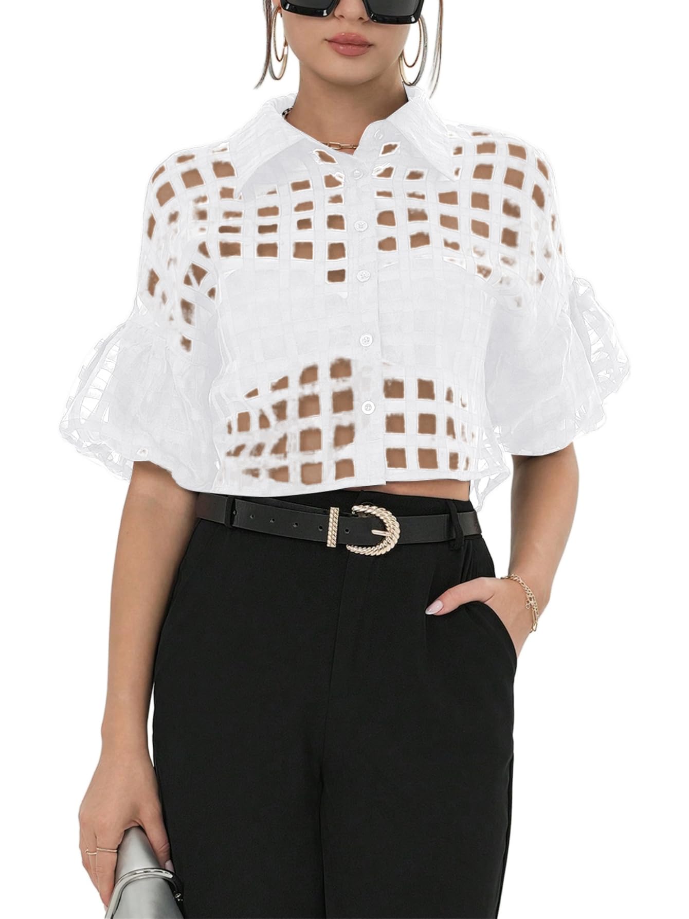 Photo 1 of Floerns Women's Button Down Sheer Mesh Short Sleeve Collared Neck Crop Blouse Shirts Solid White Large