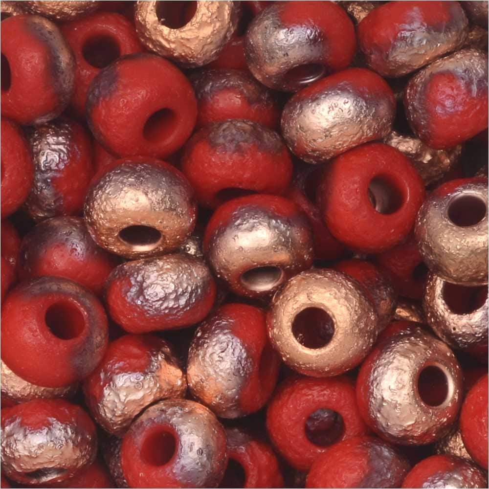 Czech Glass, Bohemian Aged 2/0 Round Seed Beads, 10 Grams, Etched Light Red and Capri