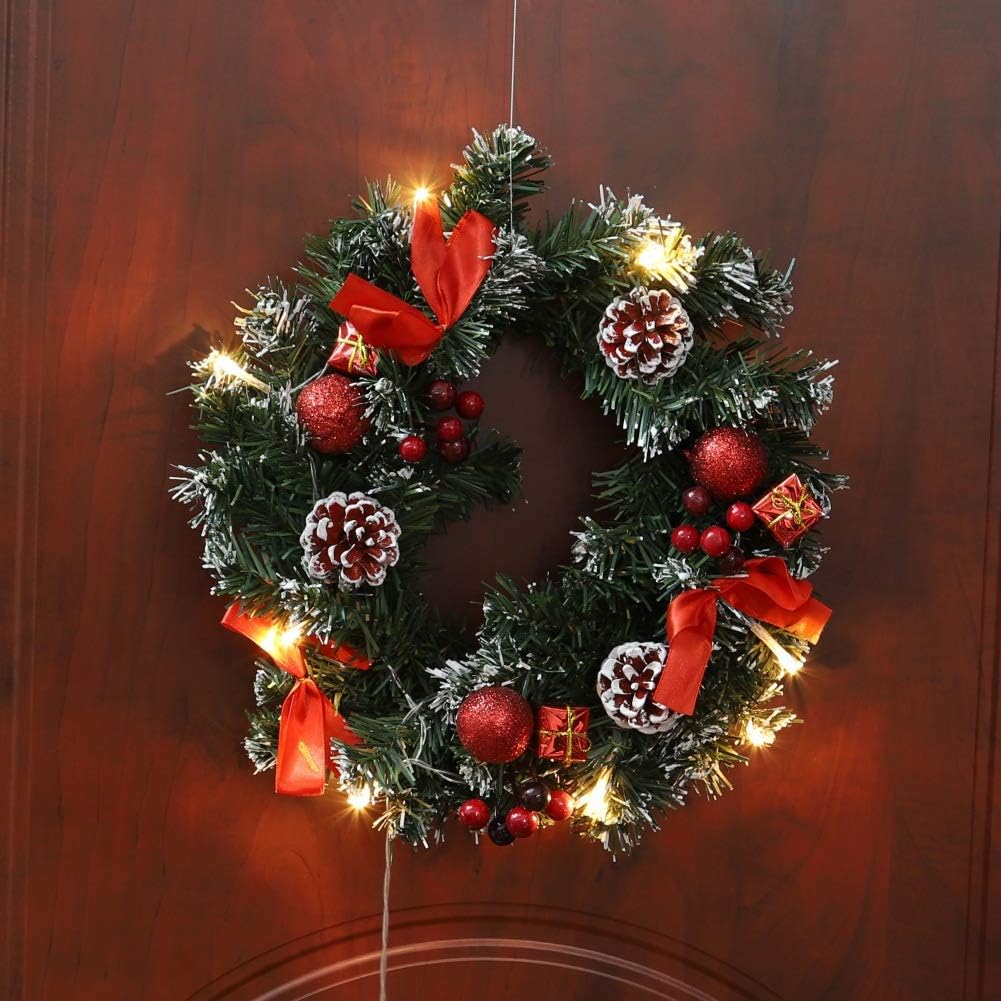 Christmas Wreath with Battery Operated LED String Lights Front Door Hanging Garland Holiday Decorations Balight